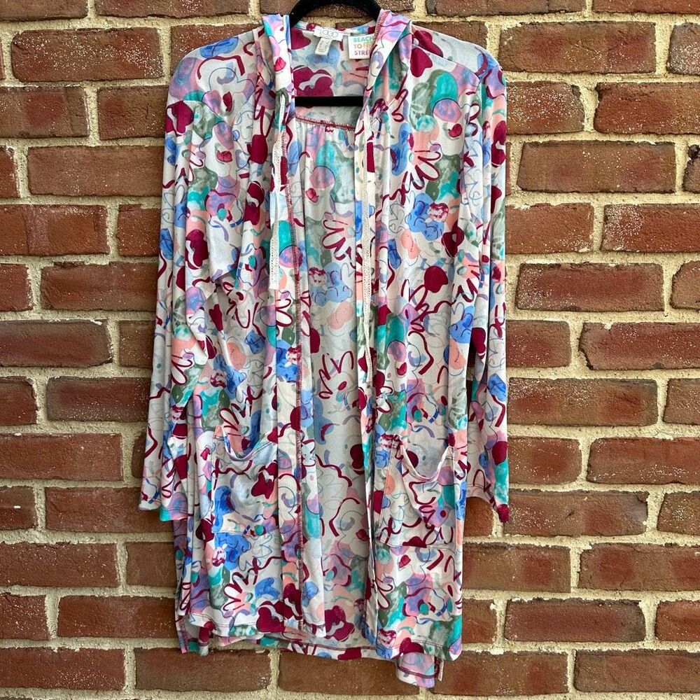 LOGO Lori Goldstein Printed Sheer Mesh Hooded Cardigan swim Cover Up Large NEW